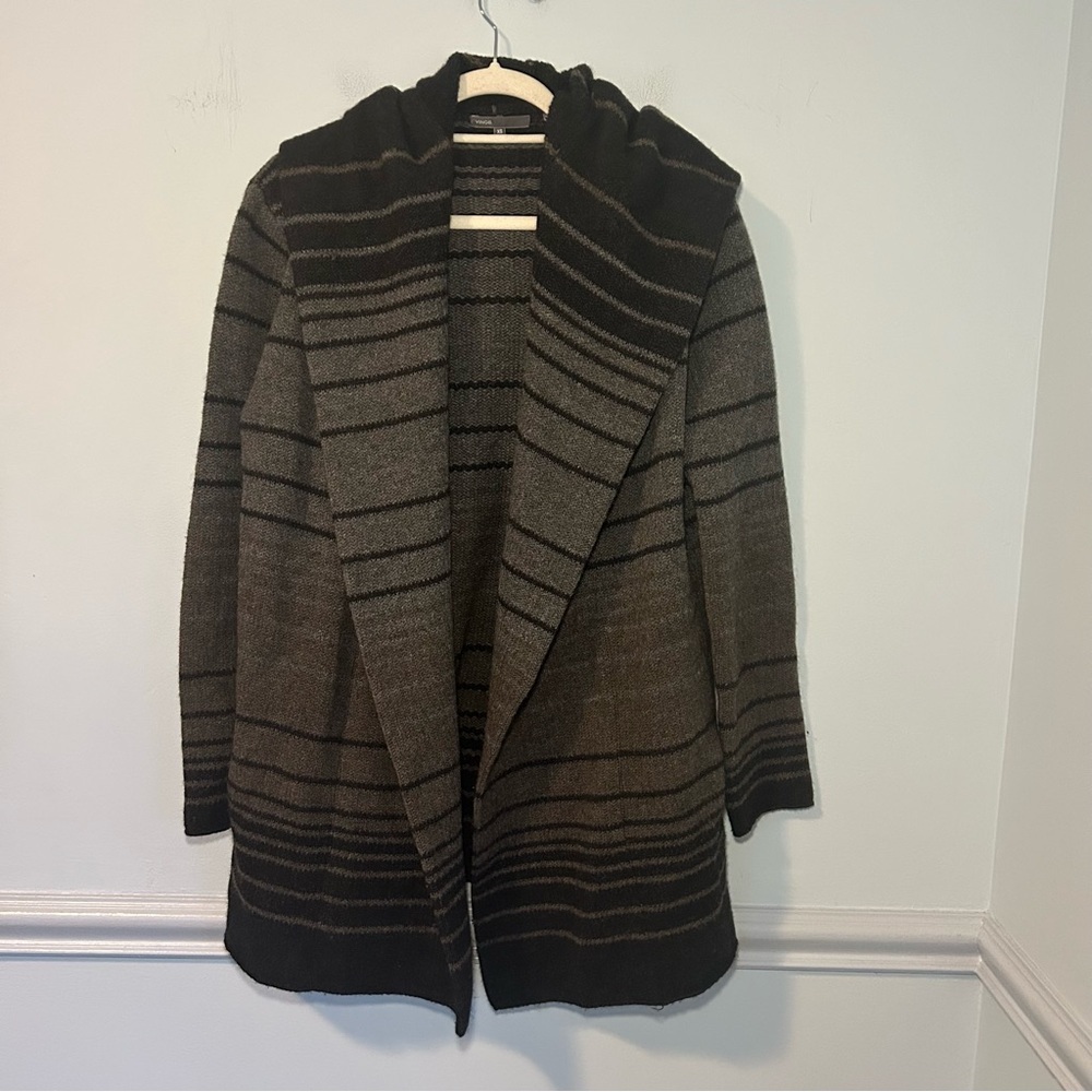 Vince. Black & Brown Wool Blend Sophie Striped Blanket Cardigan Sweater Size XS